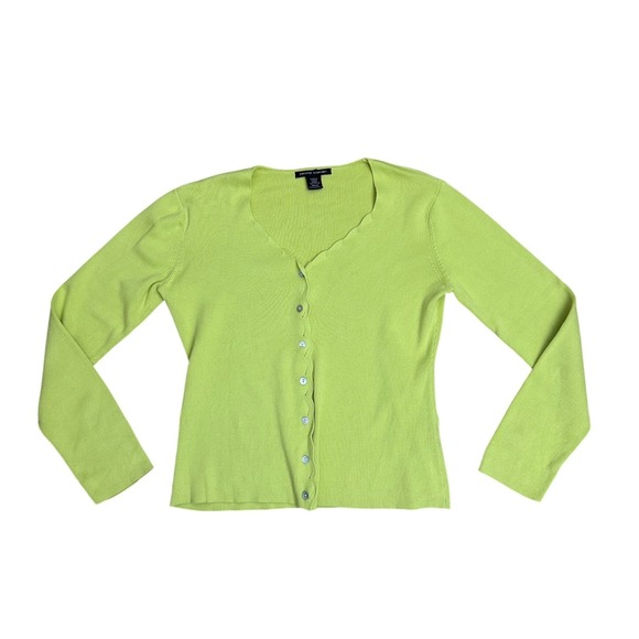Pierre Cardin Sweaters - Citrine Yellow Green Scalloped Ribbed Cotton Cardigan‎ Medium Coastal preppy
